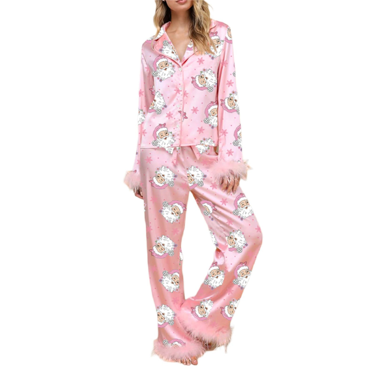 Nicoxijia Women's Christmas Feather Trim Silk Satin Pajama Long Sleeve Sleepwear Satin Soft Button Down Loungewear Pjs Set (womens christmas pajamas-Pink, M)