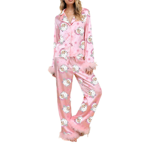 Nicoxijia Women's Christmas Feather Trim Silk Satin Pajama Long Sleeve Sleepwear Satin Soft Button Down Loungewear Pjs Set (womens christmas pajamas-Pink, M)