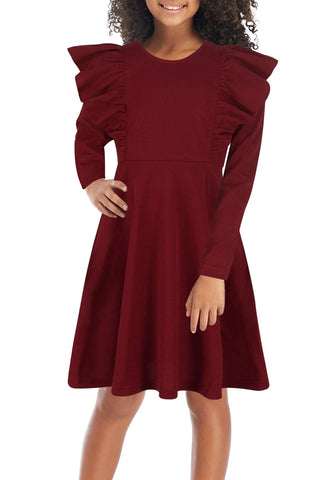 GORLYA Girl's Flutter Sleeve Stretchy A-Line Swing Flared Skater Party Dress with Pockets for 4-12 Years Kids(GOR1019,12Y,WineRed-L)