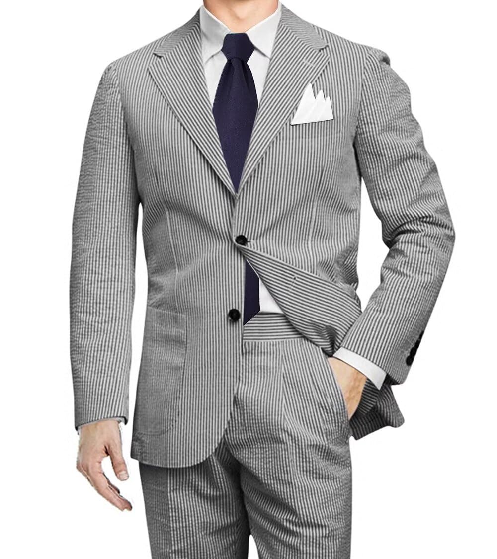 Bessmate Men 2 Pieces Summer Seersucker Suits Beach Wedding Suits Grooms Slim Fit Striped Blazer Black