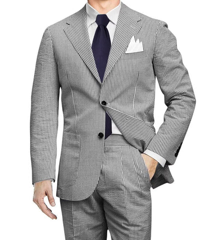 Bessmate Men 2 Pieces Summer Seersucker Suits Beach Wedding Suits Grooms Slim Fit Striped Blazer Black