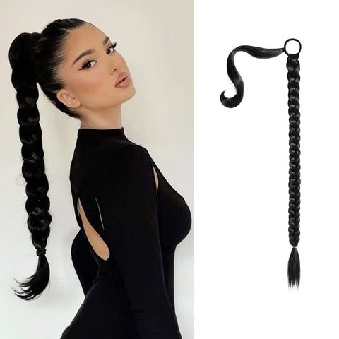 SEIKEA Upgraded Long Braid Ponytail Extension with Elastic Tie Straight Sleek Wrap Around Braid Hair Extensions Ponytail Black 20 Inch (After Braided 16 Inch) 110 Gram