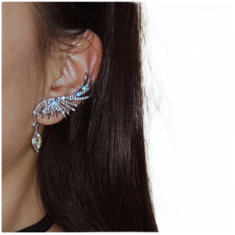 Yheakne Boho Crystal Angel Wing Earrings Silver Rhinestone Wing Earrings Cz Crystal Ear Climber Earrings Guardian Wing Clip on Earrings Jewelry for Women and Girls Gifts