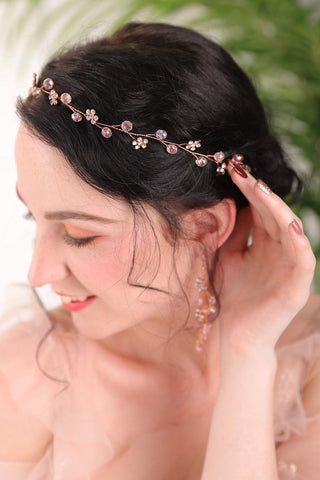 Fxmimior Bridal Headpiece Pink Crystal Rhinestone Flower Hair Vine Floral Rhinestone Pink Crystal Stud Earrings Sets Rose Gold Wedding Jewelry Sets(Headband and Earrings)