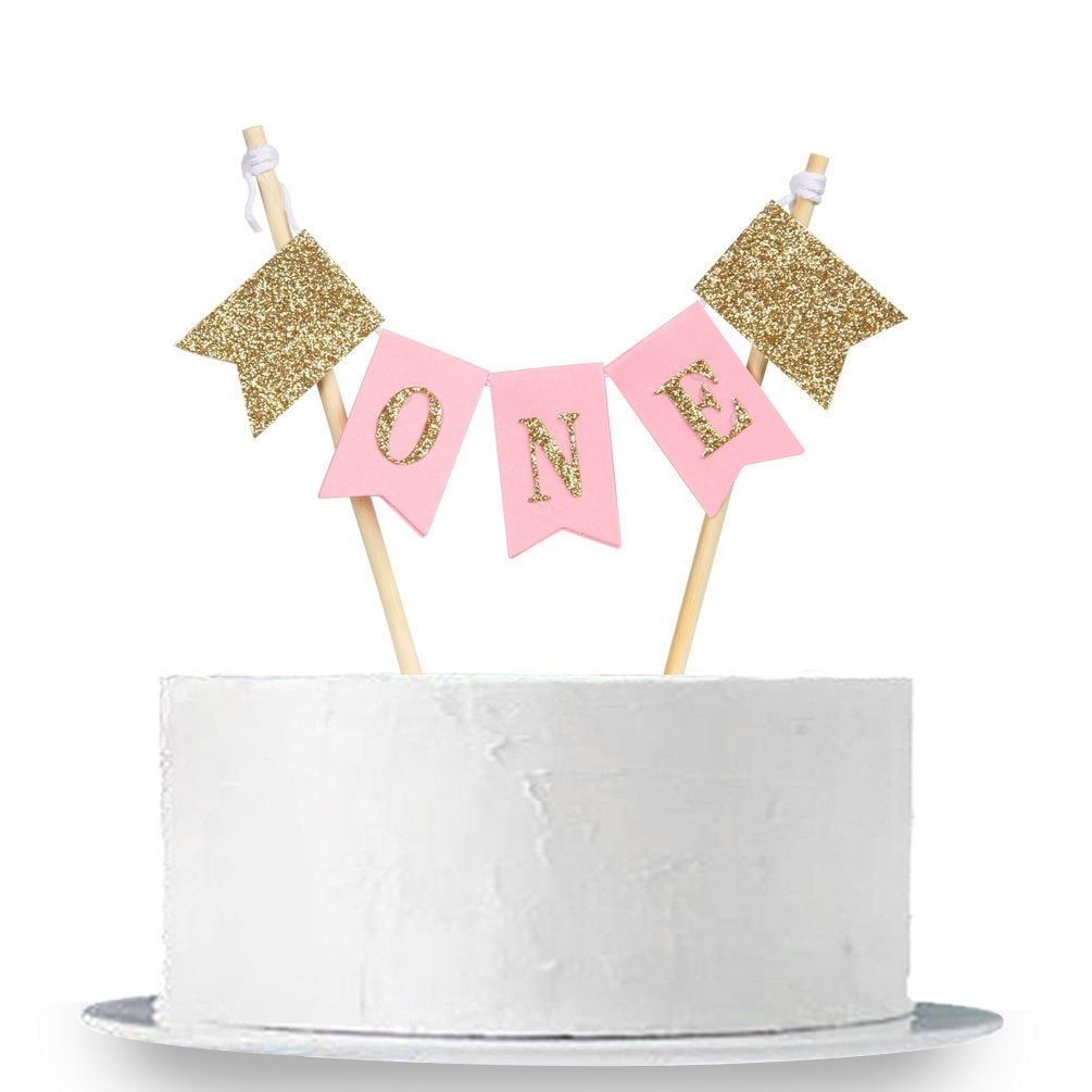 Handmade ONE First Birthday Cake Topper - 1st Birthday Cake Bunting for Baby Girl Party Supplies