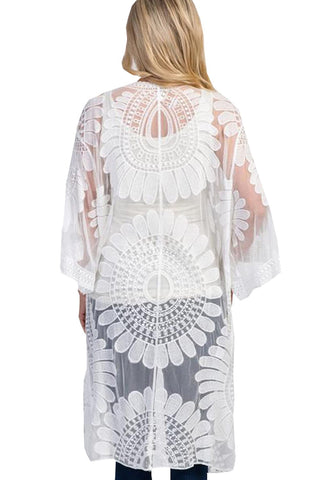YouKD Women's Lace Cardigan See Through Dress Boho Long Kimono Beach Swimsuit Cover Up Dresses C White