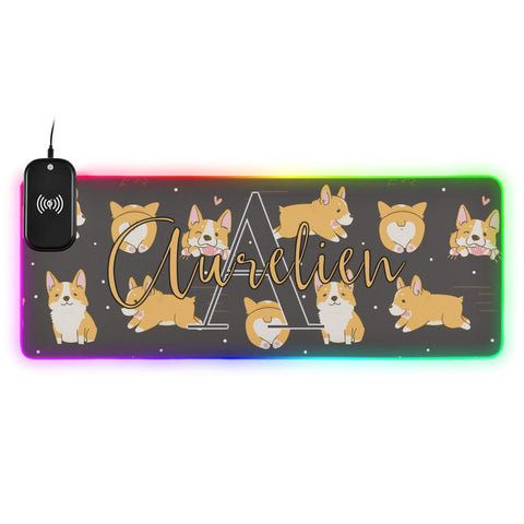 Corgi Cute Dogs Custom Wireless Charging Mouse Pad for Mobile Phone Personalized Extra Large Gaming Mousepad with 13 Lighting Modes Mouse Mat for Office Home Gaming MacBook PC Laptop Desk