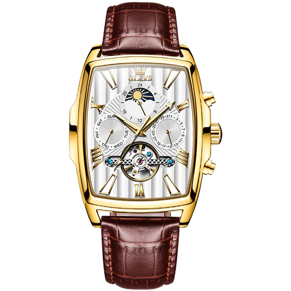 OLEVS Men's Watch Designer Square Luxury Automatic Self Winding Skeleton Brown Breathable Leather Strap Dress Multi-Calendar Waterproof Moon Phase Stylish Suitable Gift