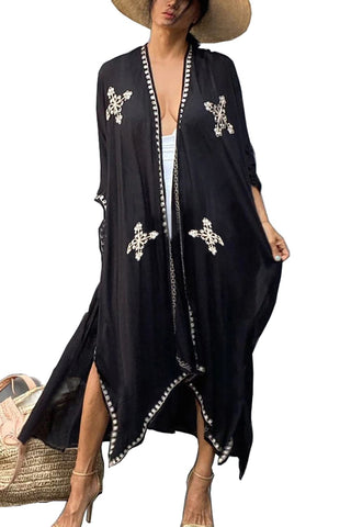 YouKD Embroidery Kimono Dress Long Cardigan Large Size Homewear Cover Up Dress for Women F Black