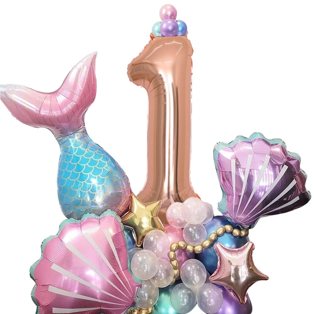 Birthday Balloon for Mermaid, Mermaid Birthday Decoration 1 Year, Birthday Foil Balloon 1, for Mermaid Children's Birthday Baby Shower Decoration 33 Pieces