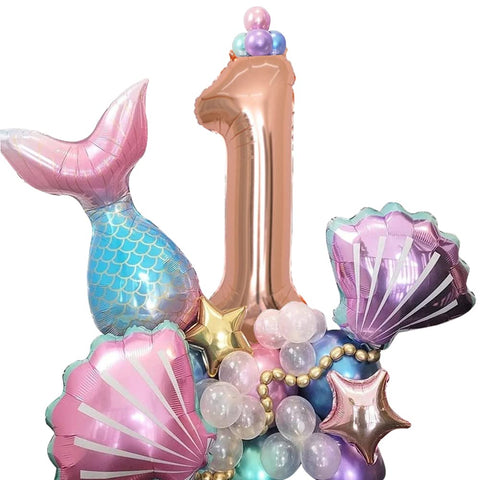 Birthday Balloon for Mermaid, Mermaid Birthday Decoration 1 Year, Birthday Foil Balloon 1, for Mermaid Children's Birthday Baby Shower Decoration 33 Pieces