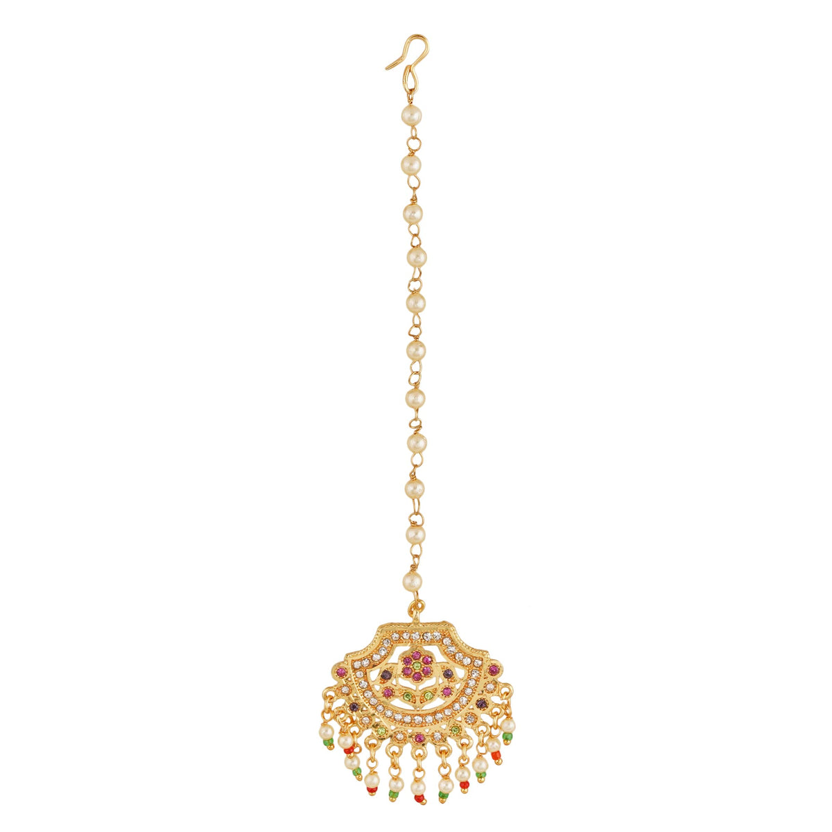Jwellmart Indian Gold Polish Multicolor CZ Faux Pearl Jadau Partywear Bridal Wedding Maang tikka tika for Women, Stone, Cubic Zirconia