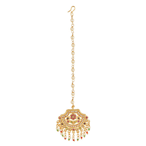 Jwellmart Indian Gold Polish Multicolor CZ Faux Pearl Jadau Partywear Bridal Wedding Maang tikka tika for Women, Stone, Cubic Zirconia