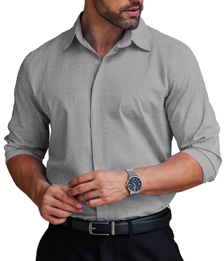 COOFANDY Mens Business Casual Shirt Covered Placket Button Up Long Sleeve Performance Suit Shirt for Men Relaxed Fit No Wrinkle Fitted Wedding Outfits Light Grey XL