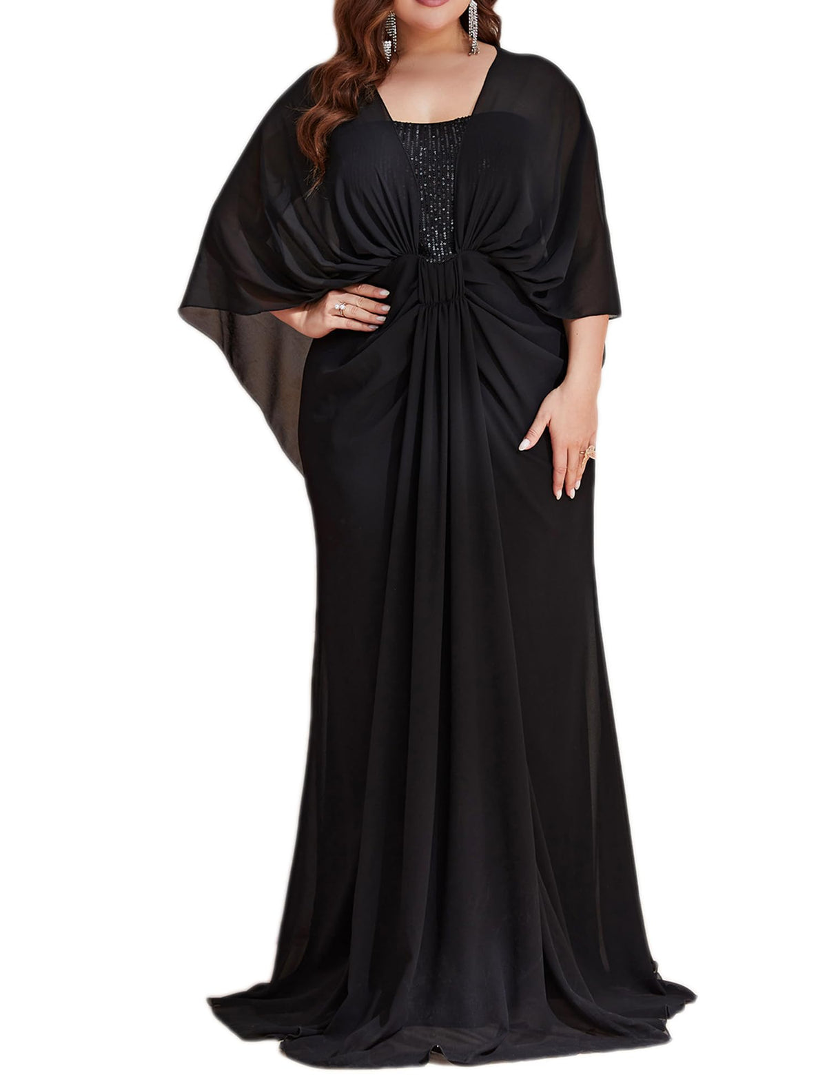 meilun Plus Size Chiffon Formal Maxi Dress Batwing Sleeve Ruched Shawl Long Evening Gowns, A-black, XXL