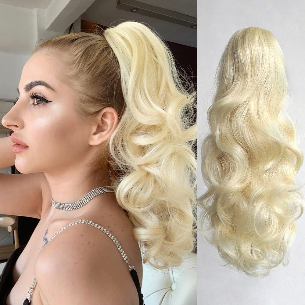 Blonde Ponytail Extension,StrRid Hair Extensions Ponytail Claw 16"Wavy Synthetic Fake Hair Clip in Ponytail Wig Daily Pony Tail Curly Black Hair Pieces for Women Girls 6 oz-Bleach Blonde