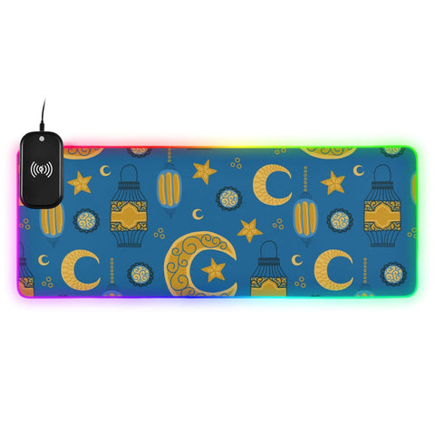 Blue Ramadan Star Moon Wireless Charging Mouse Pad for Mobile Phone Extra Large Gaming Mousepad with 13 Lighting Modes Keyboard Mat for Gaming MacBook PC Laptop Desk Home Office