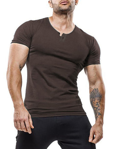 palglg Mens Short Sleeve Cotton Muscle Slim Fitted Sport Henley T-Shirt with Button Coffee S