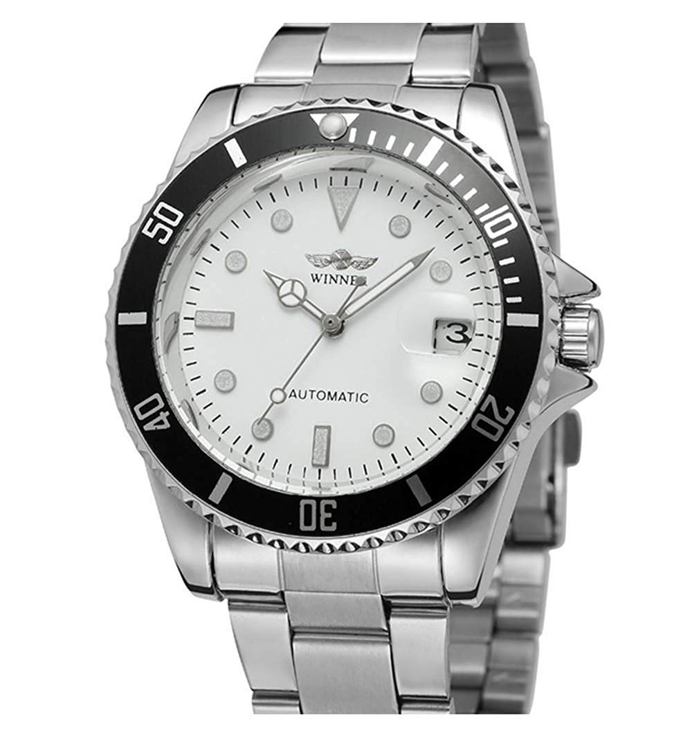 Mens Automatic Watches Luxury Stainless Steel Classic Rotatable Bezel Dress Wrist Watch with Calendar (Silver White)