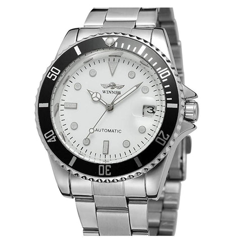 Mens Automatic Watches Luxury Stainless Steel Classic Rotatable Bezel Dress Wrist Watch with Calendar (Silver White)