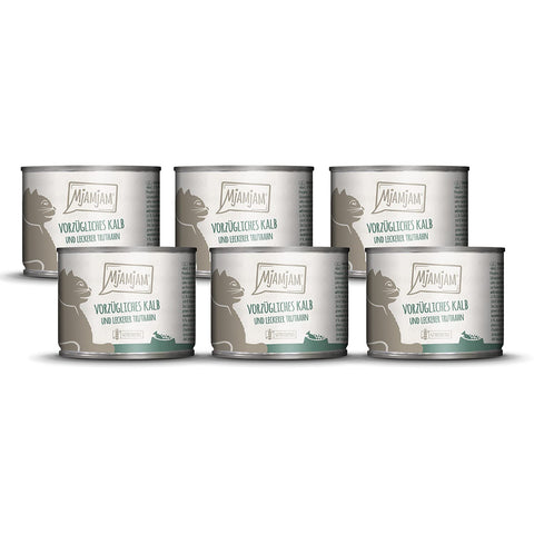 MjAMjAM - premium wet food for cats - excellent veal & turkey with delicious carrots, pack of 6 (6 x 200 g), grain-free with extra meat