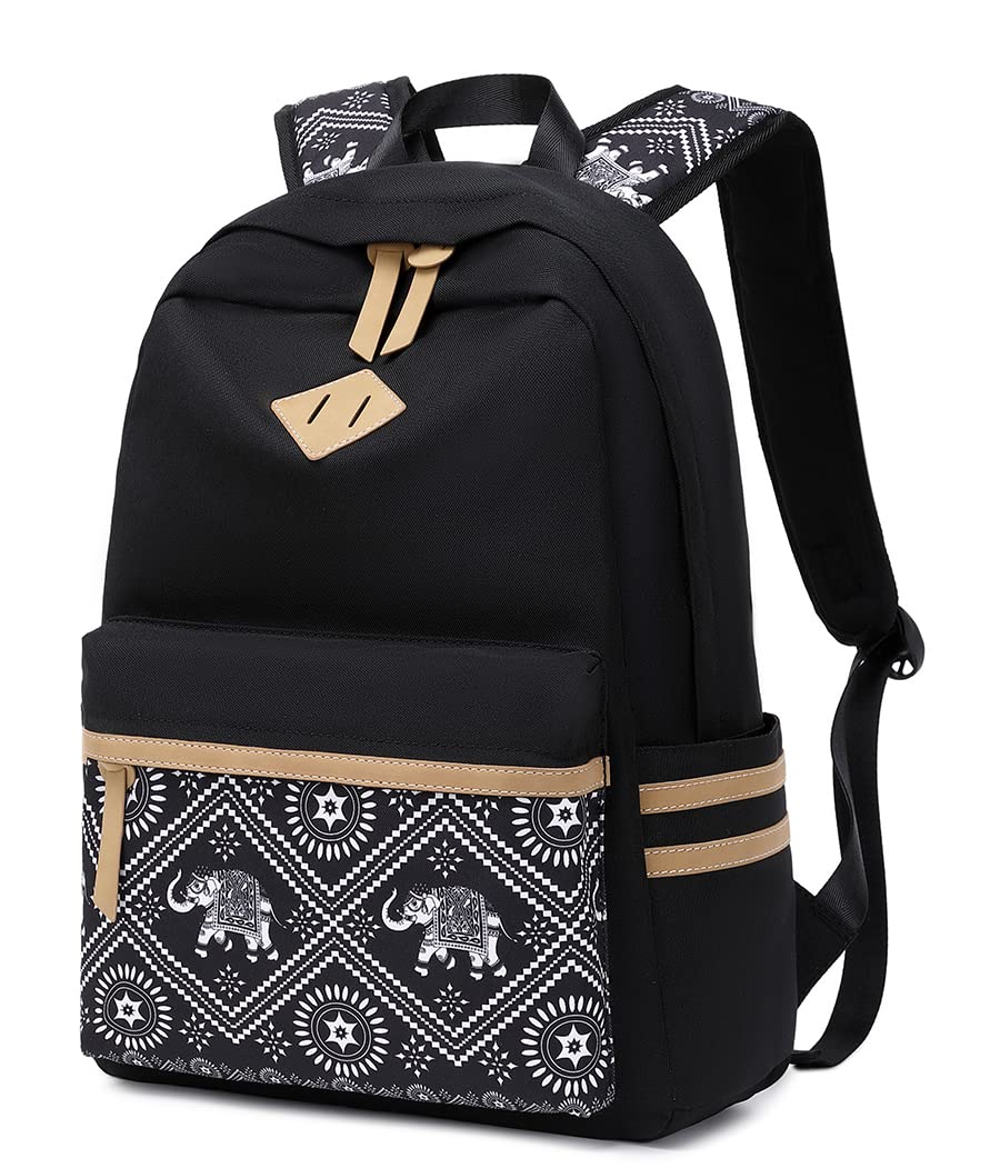 Black Backpack for School Women Canvas Travel Laptop Backpacks for Boys Girls Schoolbag Toddler Kids Bookbag Casual Lightweight Back Pack Cute Carry on Daykpack Elephant