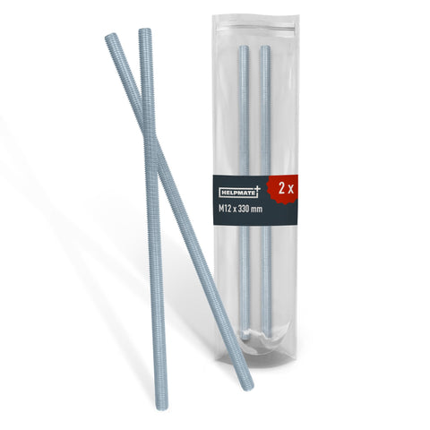 HELPMATE Threaded Rod M12 x 330 mm A2 Stainless Steel - Pack of 2 Threaded Rod with Metric Full Thread - Threaded Screw DIN 976 Silver