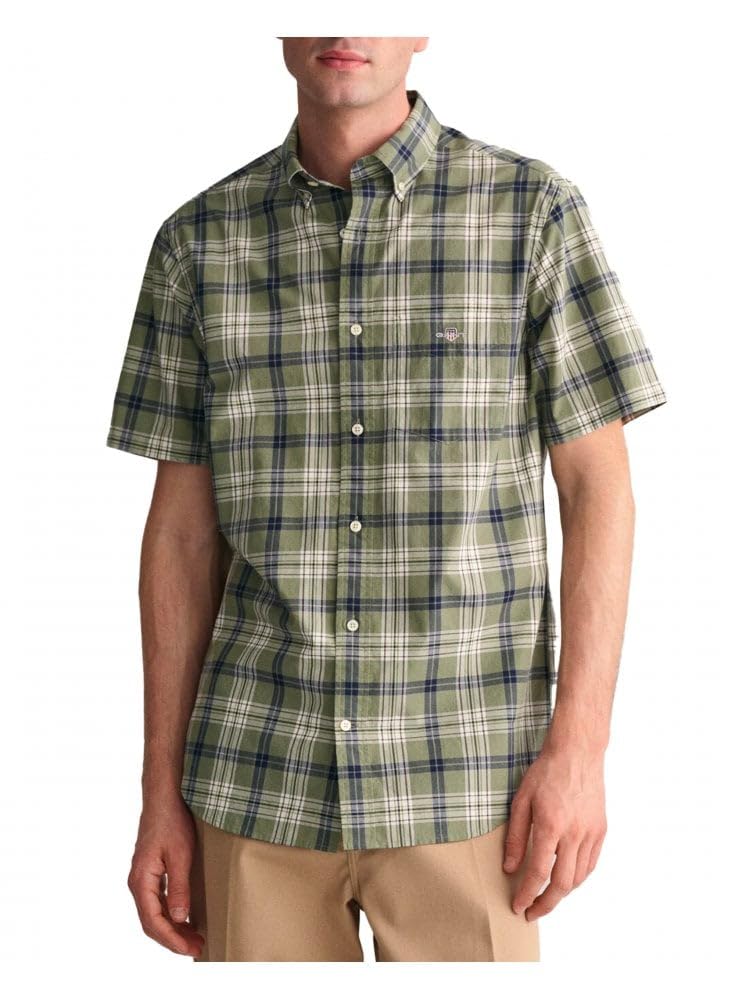 GANT Men's Reg Poplin Check SS Shirt Button, Pastel Green, M