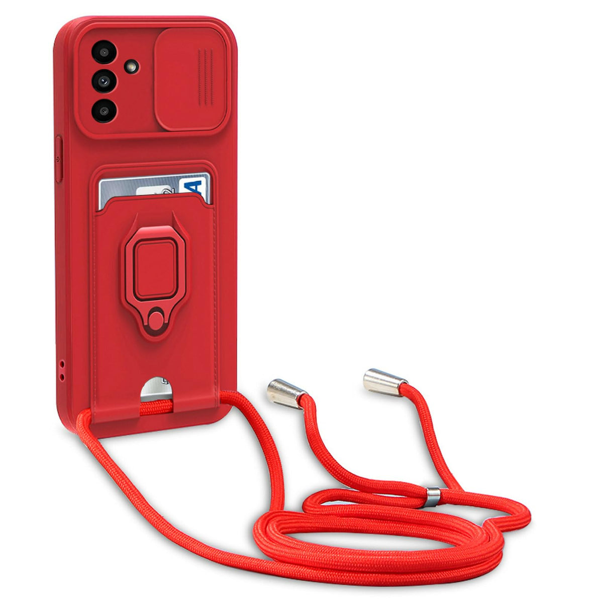 yanasuo Camera Protection Lanyard Phone Case for Samsung Galaxy A05S, Card Holder, Slide Camera Cover, Silicone Cord Strap rope Shell TPU Shockproof Bumper Cover-Red