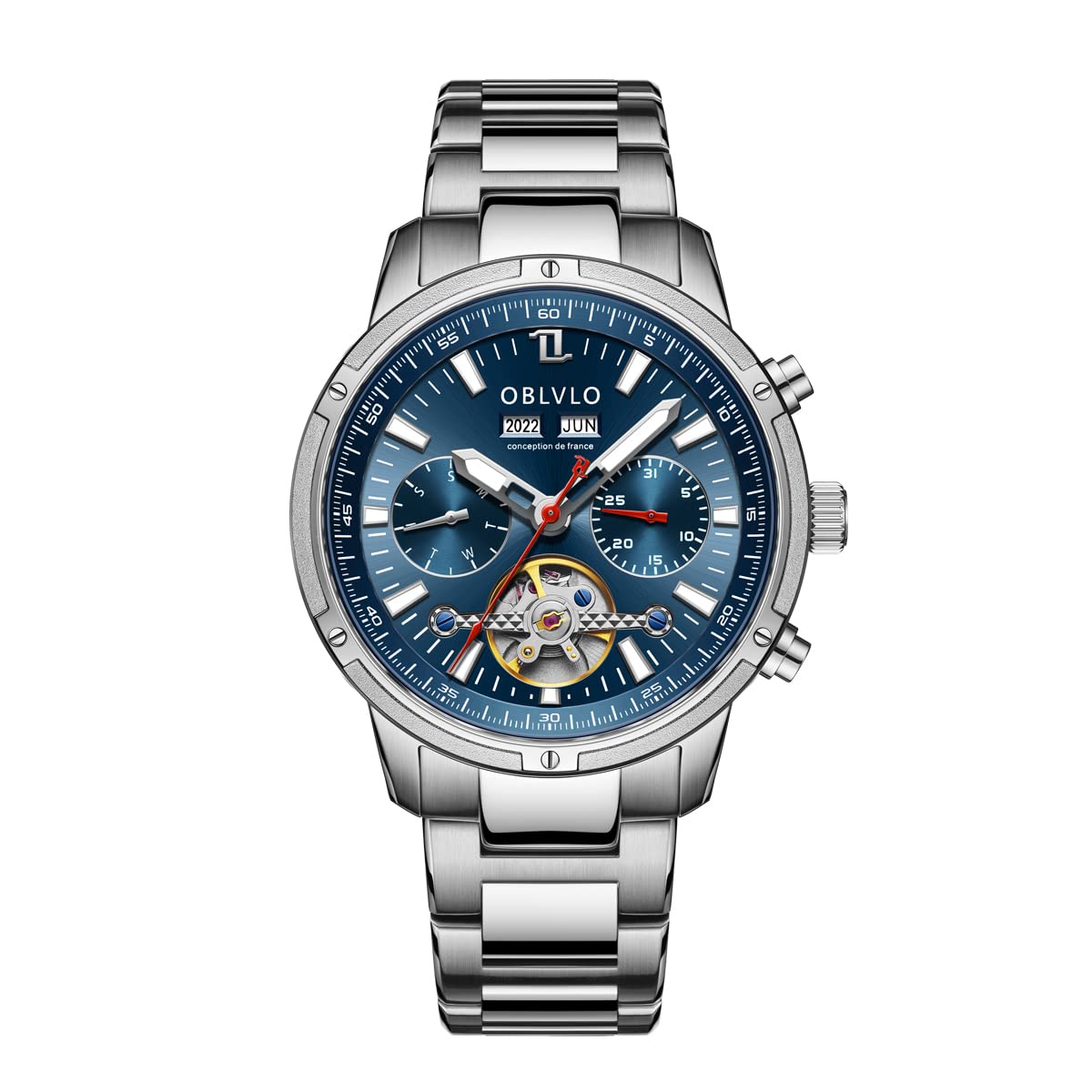 OBLVLO Fashion Business Classic Mechanical Watch Three Window Gentleman Watch Stainless Steel Skeleton Waterproof Watch CM-T, CM-T-YLY, Fashion