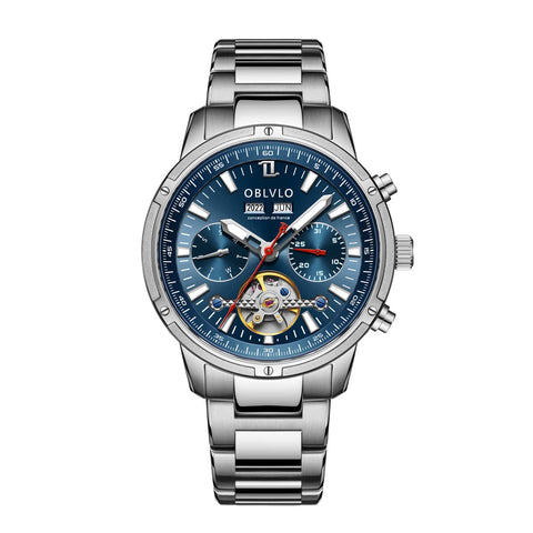 OBLVLO Fashion Business Classic Mechanical Watch Three Window Gentleman Watch Stainless Steel Skeleton Waterproof Watch CM-T, CM-T-YLY, Fashion
