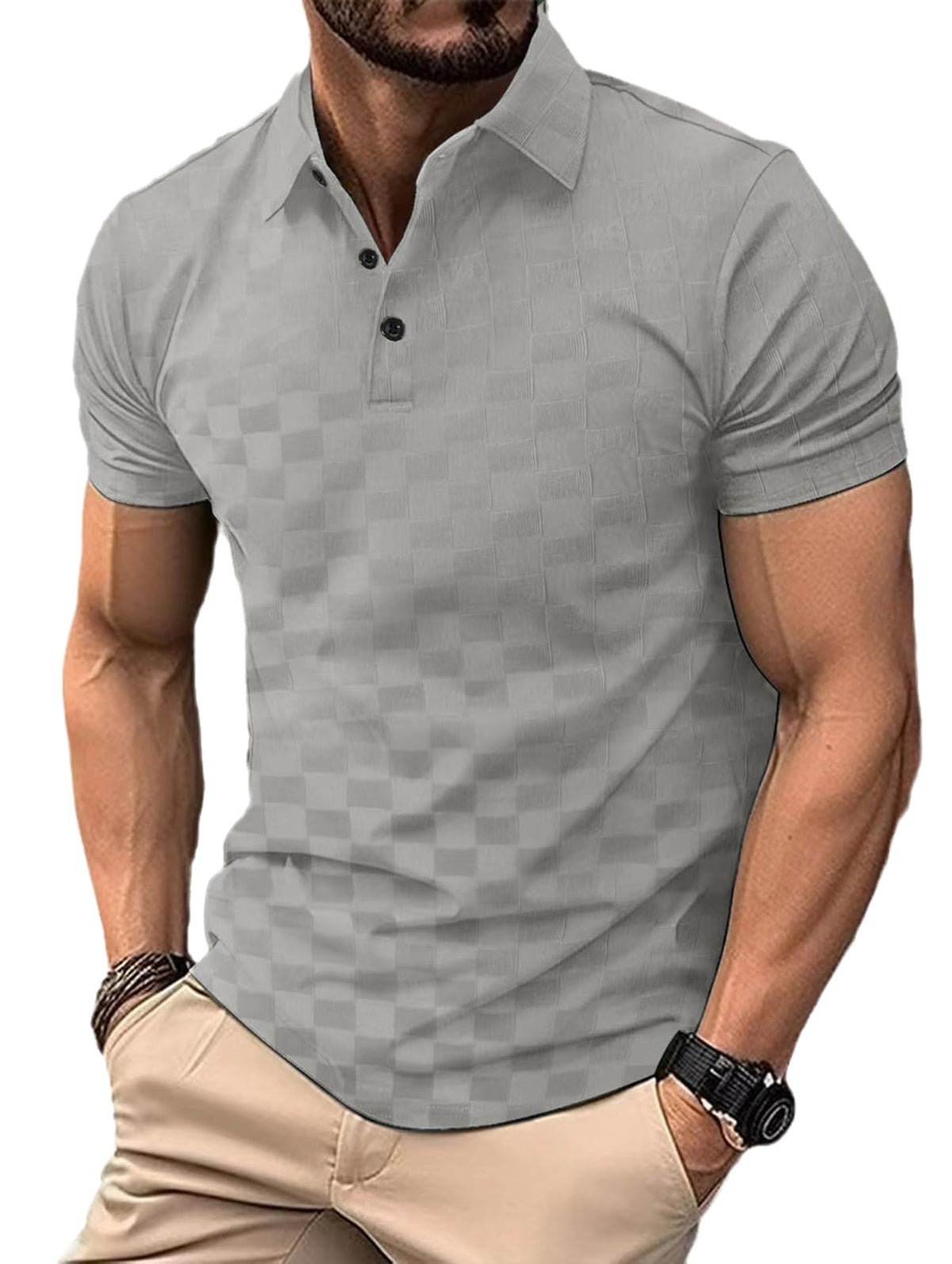 Men's Plaid Jacquard Polo Shirt Summer Solid Color Casual Loose Short Sleeve Polo Tshirts XXL Gray