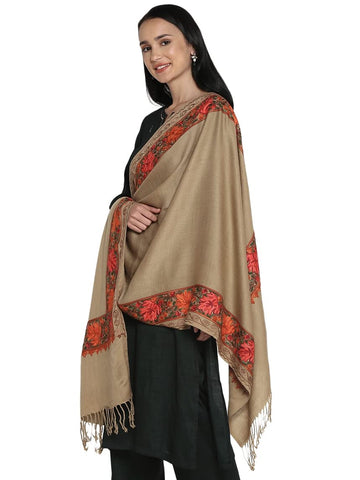 Zamour Women Embroidered Large Scarf Wrap Faux Pashmina Wool, Indian Kashmiri Oversized Brown Scarves Wraps Stole Shawl for Winter