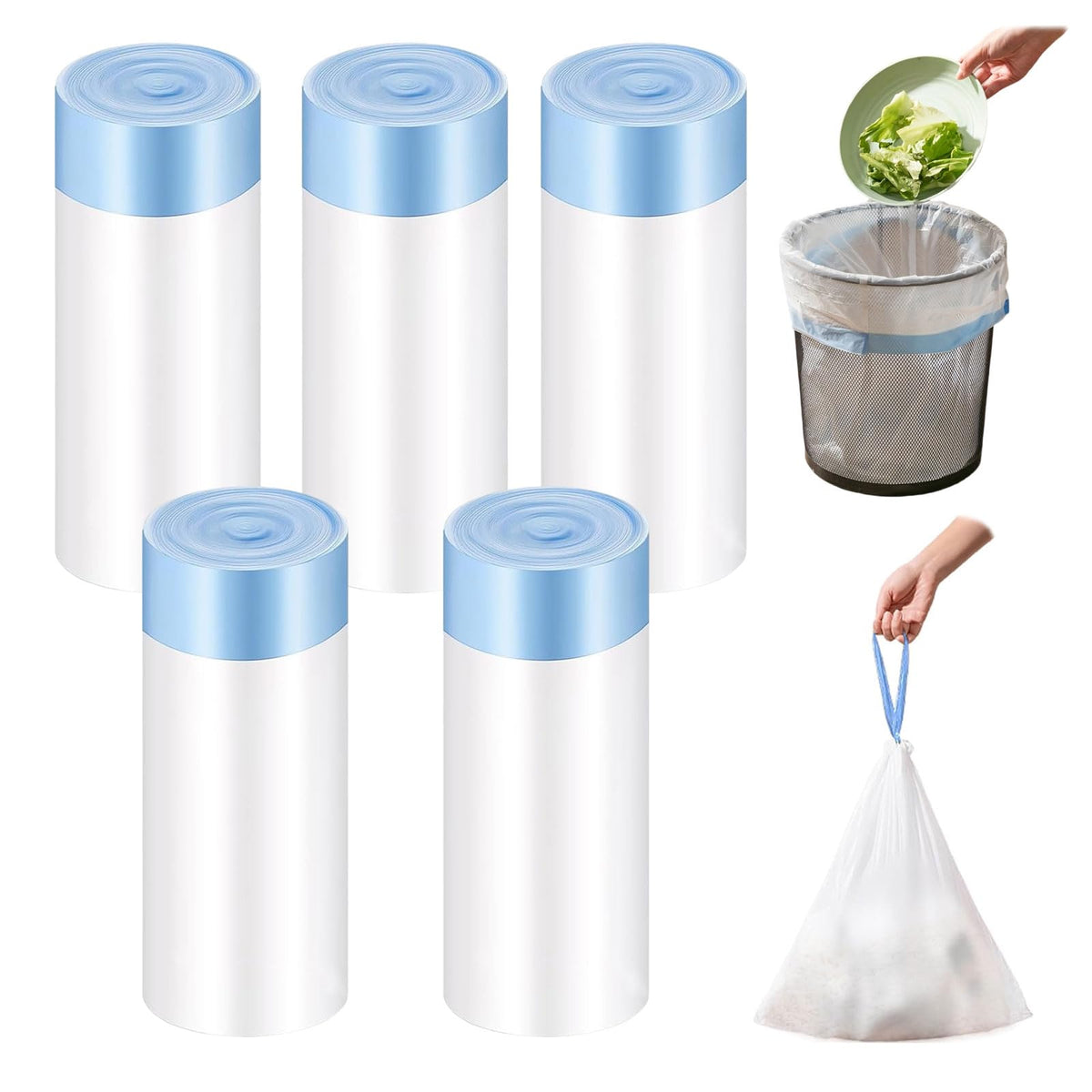 ZHYUAN 5 Packs of 15 Bin Liners Each, Cat Litter Box Bags with Drawstrings, Cat Litter Box Liners, Waste Bags, Rubbish Bags for Pets, Tear-Resistant, 75 Pieces Total