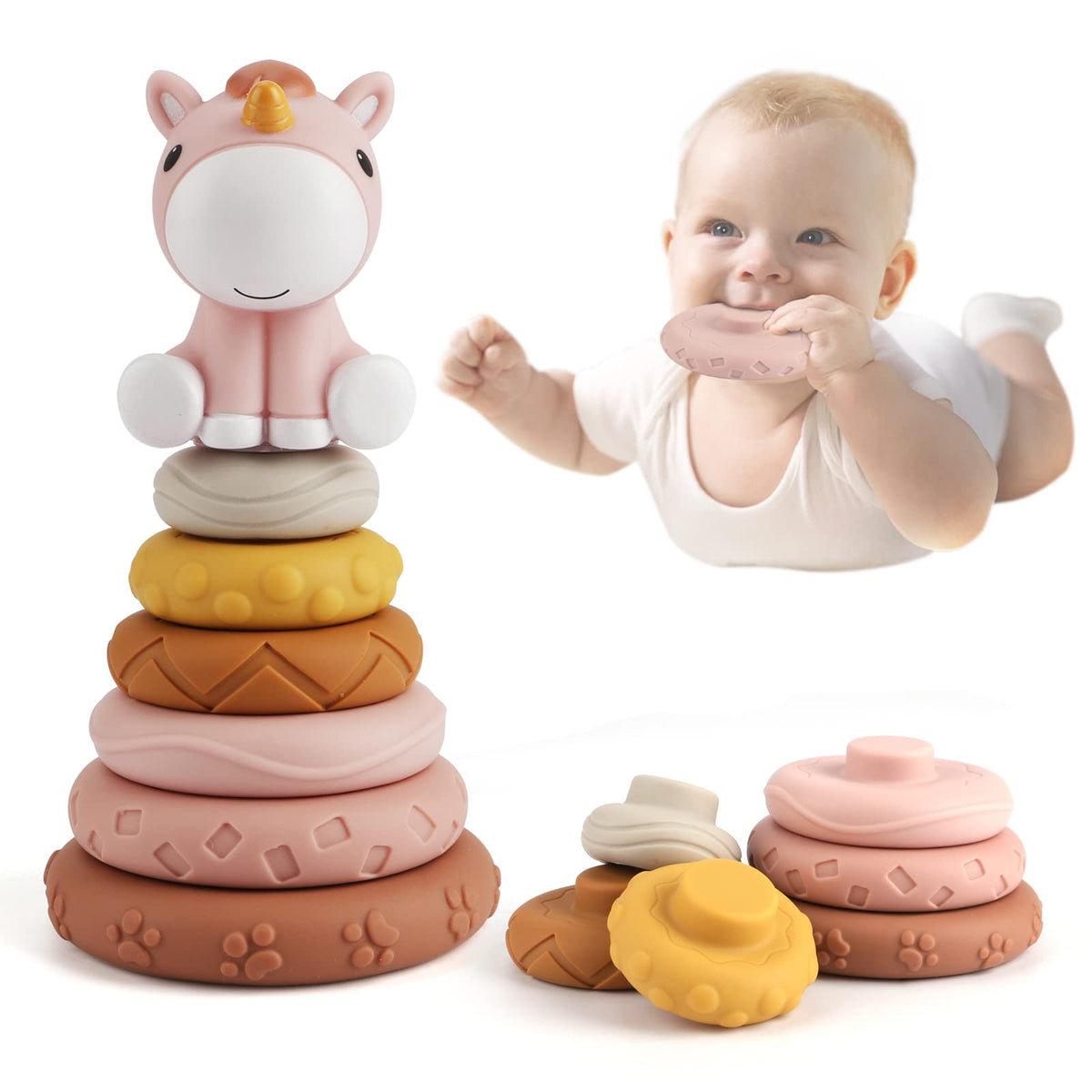 Edulike 7 Pcs Stacking & Nesting Baby Toys, Squeeze Teething Baby Toys and Building Circle with Horse Figure, Early Educational Christmas Toy Gifts for 6 12 18 Months Baby Toddler Boys Girls