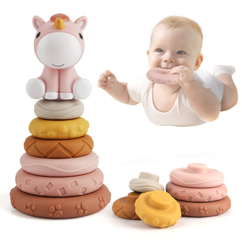 Edulike 7 Pcs Stacking & Nesting Baby Toys, Squeeze Teething Baby Toys and Building Circle with Horse Figure, Early Educational Christmas Toy Gifts for 6 12 18 Months Baby Toddler Boys Girls