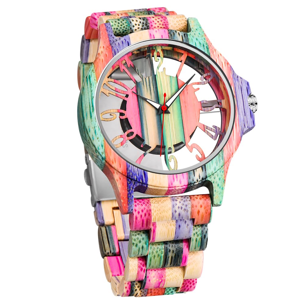 Tiong Men's Wooden Watch Handmade Colourful Bamboo Wooden Watch Analogue Quartz Wrist Watch, Wq1238-Colorful, Retro