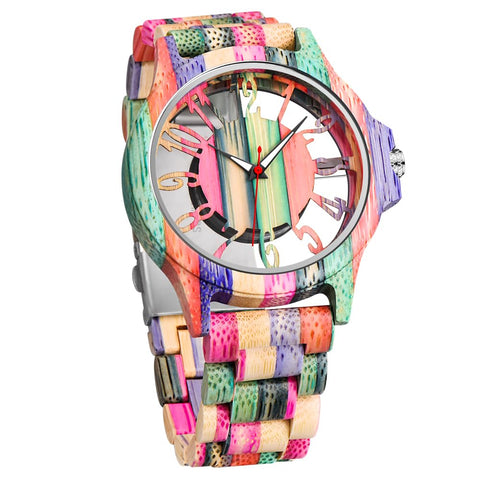 Tiong Men's Wooden Watch Handmade Colourful Bamboo Wooden Watch Analogue Quartz Wrist Watch, Wq1238-Colorful, Retro