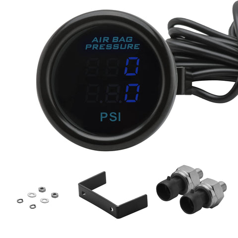 CNRAQR Dual Display Air Suspension Gauge Air Ride Air Pressure Gauge 2Inch 0-220PSI with 2Pcs 1/8NPT Sensors and 16.5ft Sensor Cable LCD Blue