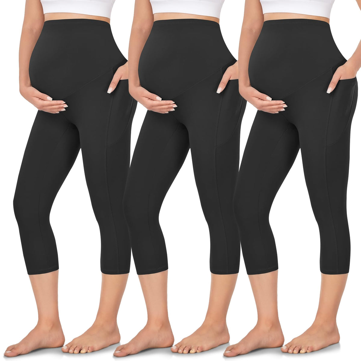 FULLSOFT 3 Pack Women's Capri Maternity Leggings Over The Belly with Pockets Buttery Soft Workout Pregnancy Yoga Pants(M,Black)
