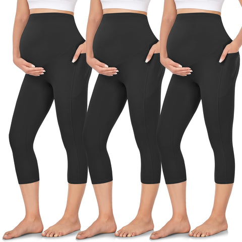 FULLSOFT 3 Pack Women's Capri Maternity Leggings Over The Belly with Pockets Buttery Soft Workout Pregnancy Yoga Pants(M,Black)