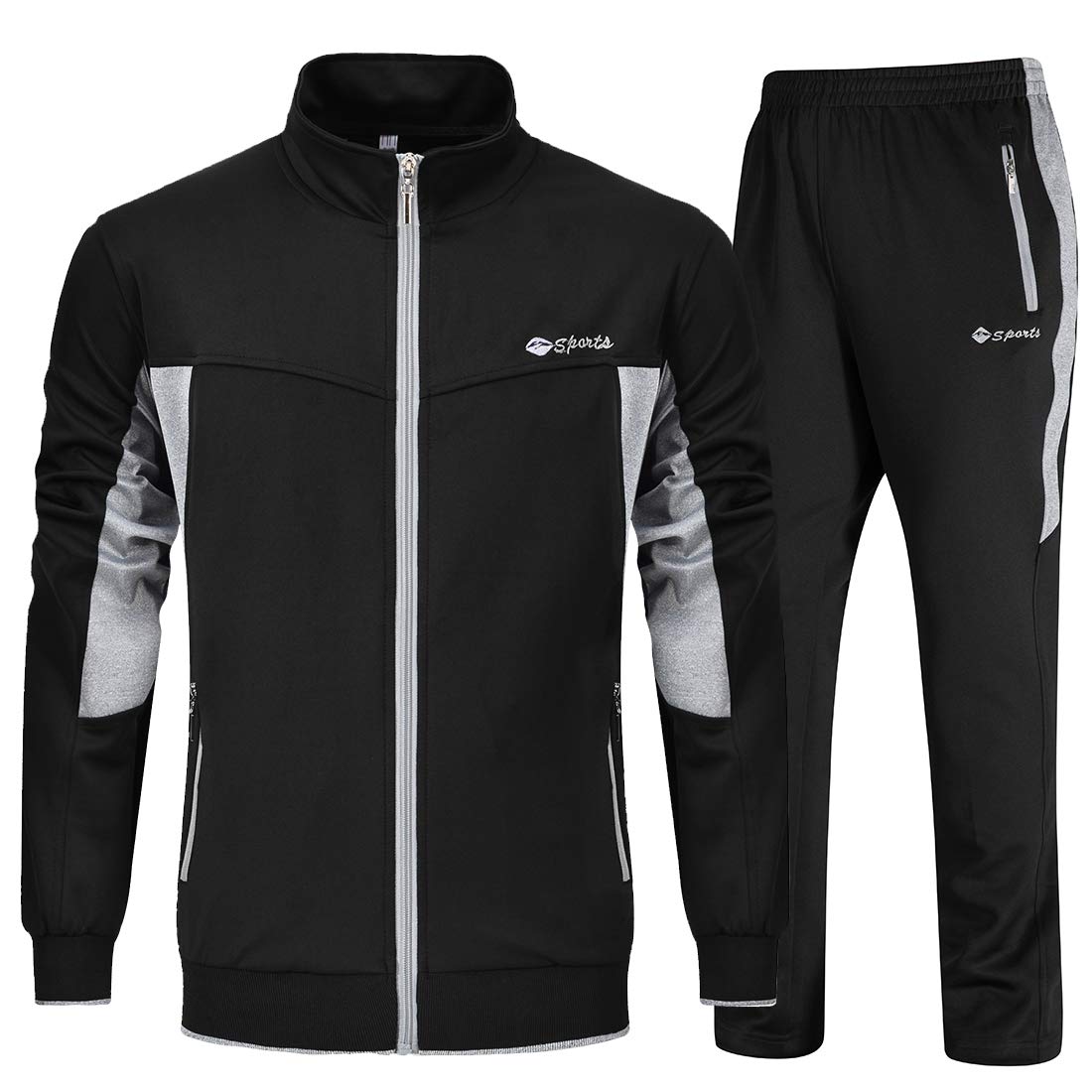 YSENTO Men's Sets Outfits 2 Piece Tracksuits Sweatsuits Athletic Running Track Suits Zipper Pockets Black 3XL