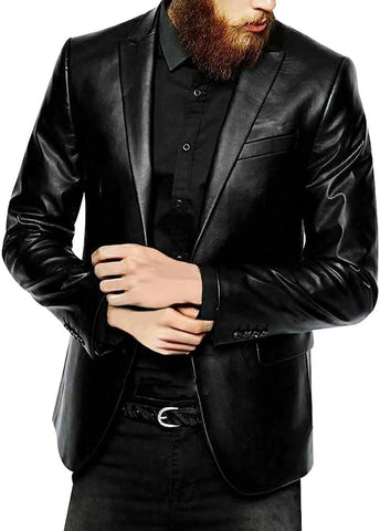 Fashion_First Mens Black Leather Blazer Jacket Dress Jackets Casual Real Leather Coat - Leather Sports Coat Blazer