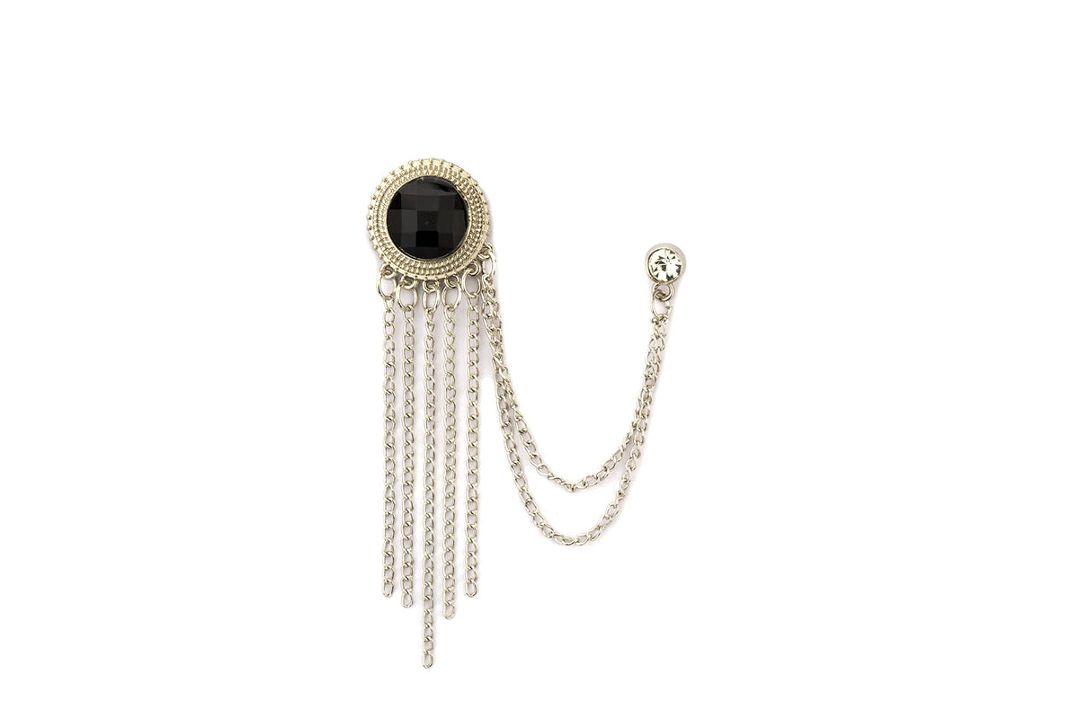 Brooch Lapel Pin for Men Silver Engraving Crystal Stone With Hanging Tassel Collar Chain Brooch