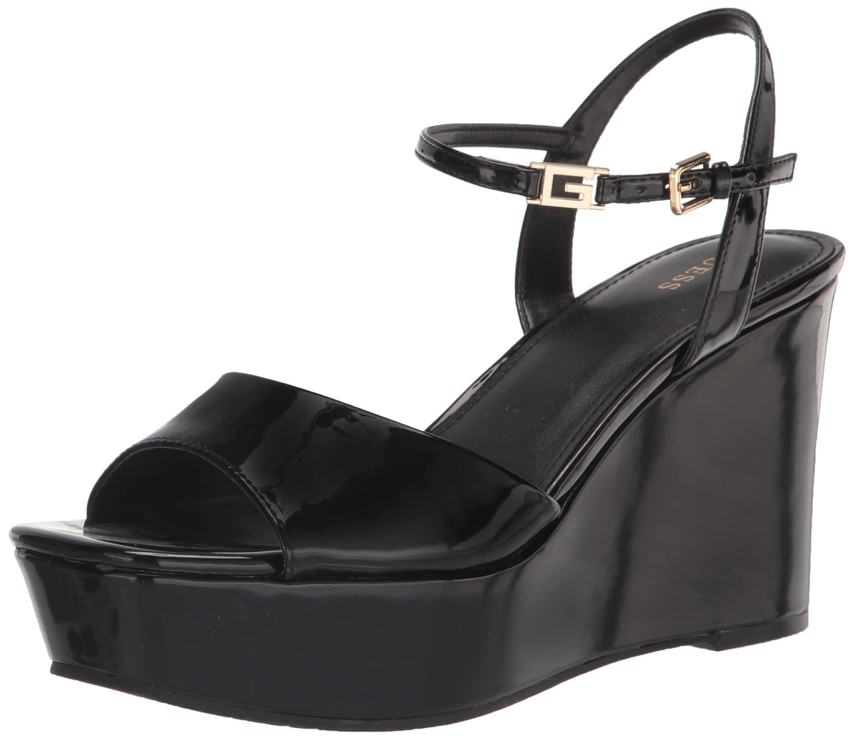 GUESS Women's ZIONE Wedge Sandal, Black Patent, 9.5