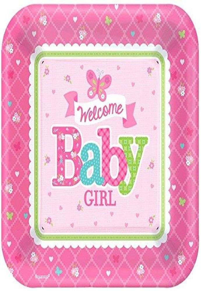 Amscan Appealing Welcome Little One Girl Square Plates Baby Shower Party Supplies, 10", Pink/White/Green/Blue