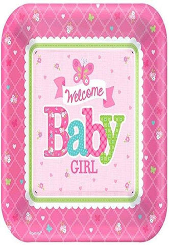 Amscan Appealing Welcome Little One Girl Square Plates Baby Shower Party Supplies, 10", Pink/White/Green/Blue