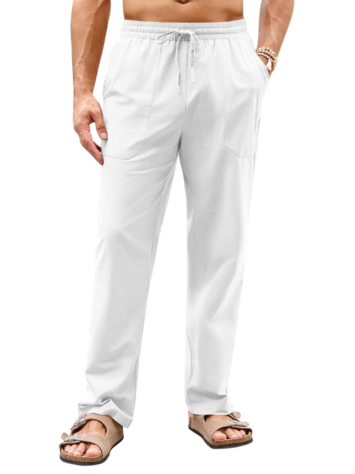 PASLTER Men's Cotton Linen Pants Elastic Waist Drawstring Casual Trouser Lightweight Straight-Legs Loose Beach Yoga Pants White