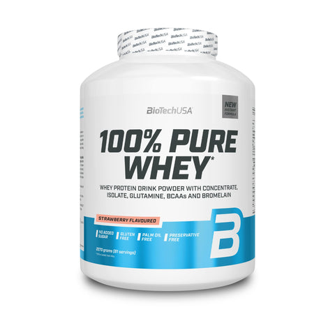 BioTechUSA 100% Pure Whey | Protein Powder with BCAA and Glutamine | Gluten-Free, Palm Oil Free | 21g Protein per Serving, 2.27 kg, Strawberry