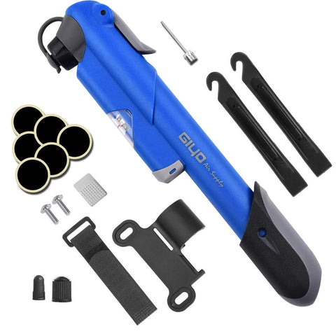Diyife Bike Pump with Pressure Gauge, [120 PSI][Perfect Full Set] Mini Bicycle Pump, Ball Pump with Needle, Glueless Patch Kit, Cycle Valve Caps and Frame Mount Fits Presta &Schrader Valve(Blue)